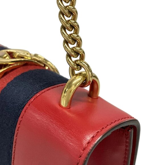 Authentic GUCCI Sylvie Mini Red Navy Leather Shoulder Bag br492-120725 - Picture 6 of 16